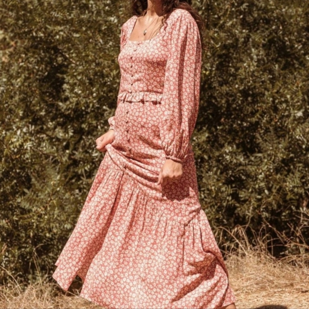 LOST+WANDER Peasant Red White Floral Print Ruffle Long Sleeve Slit Maxi Dress L